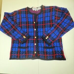 Vintage Tally Ho Plaid Houndstooth Cardigan Women's Large 80s Shoulder Pads